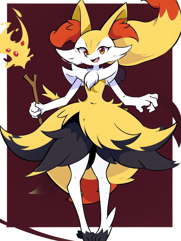 1girl, solo, looking at viewer, smile, open mouth, simple background, red eyes, white background, holding, animal ears, standing, tail, full body, fang, hand up, signature, flat chest, animal ear fluff, fox ears, pokemon (creature), fox tail, happy, fox girl, furry, skin fang, furry female, body fur, white fur, animal nose, snout, stick, yellow fur, black fur, holding stick, digitigrade, multicolored fur , braixen, 8K, masterpiece, beautiful