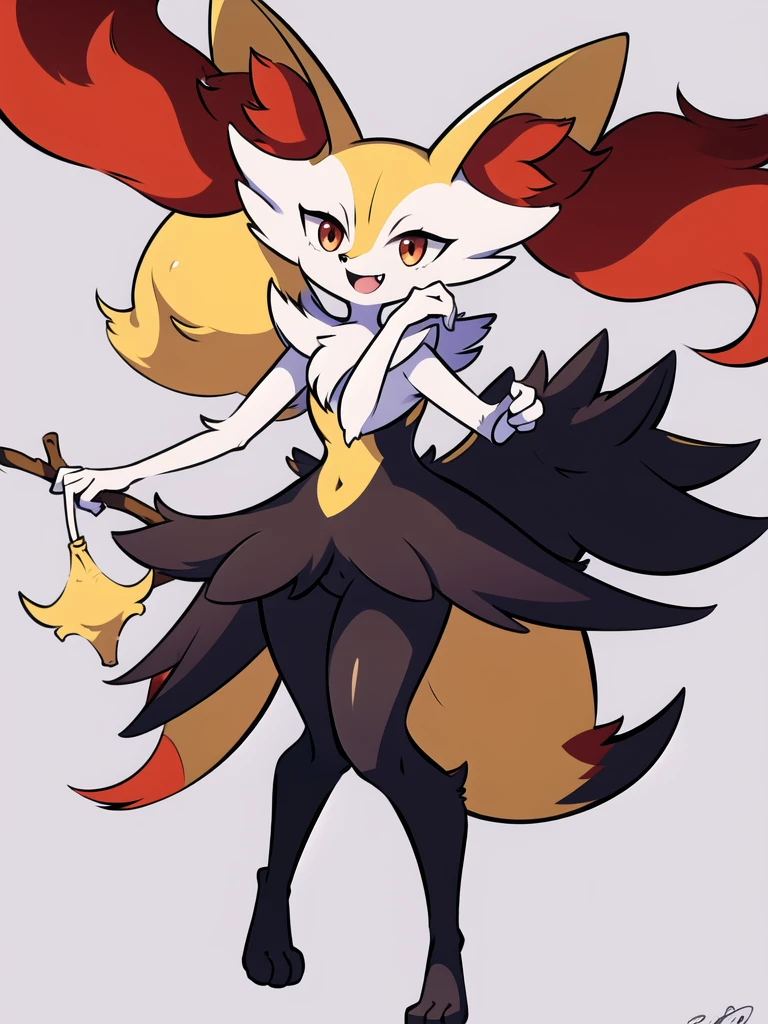 1girl, solo, looking at viewer, smile, open mouth, simple background, red eyes, white background, holding, animal ears, standing, tail, full body, fang, hand up, signature, flat chest, animal ear fluff, fox ears, pokemon (creature), fox tail, happy, fox girl, furry, skin fang, furry female, body fur, white fur, animal nose, snout, stick, yellow fur, black fur, holding stick, digitigrade, multicolored fur , braixen, 8K, masterpiece, beautiful