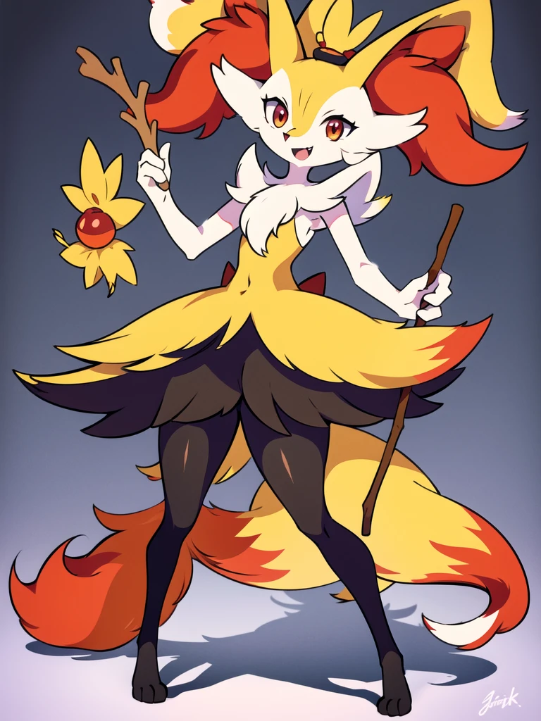 1girl, solo, looking at viewer, smile, open mouth, simple background, red eyes, white background, holding, animal ears, standing, tail, full body, fang, hand up, signature, flat chest, animal ear fluff, fox ears, pokemon (creature), fox tail, happy, fox girl, furry, skin fang, furry female, body fur, white fur, animal nose, snout, stick, yellow fur, black fur, holding stick, digitigrade, multicolored fur , braixen, 8K, masterpiece, beautiful