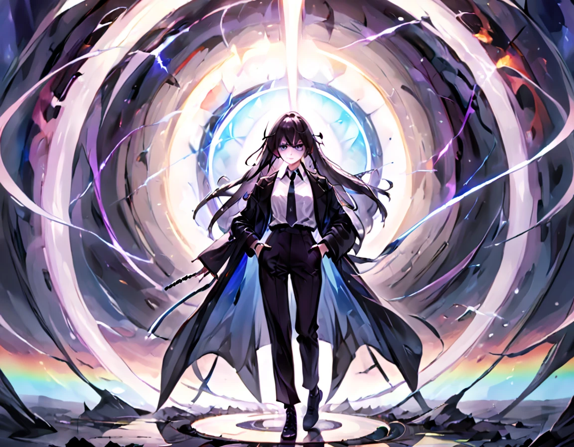 Wearing Darkness、1 personの女の子、White long hair、Purple left eye、Blue right eye、Odd Eye、wields the sword of darkness、闇のaura、Black Light、Rainbow light、Black long coat、White shirt、Black tie、Long trousers、suit、、1 person、Fantasy、aura、whole body、(high resolution)、(High resolution)、(Detailed)、8K、Many shining swords are stuck in it、cool、Girl、Magic Sword、Magic circle in the background、Scary face、Expressionless、Light comes out of the eyes、Standing in the wilderness with the sword piercing、Cool face、Left hand in pocket