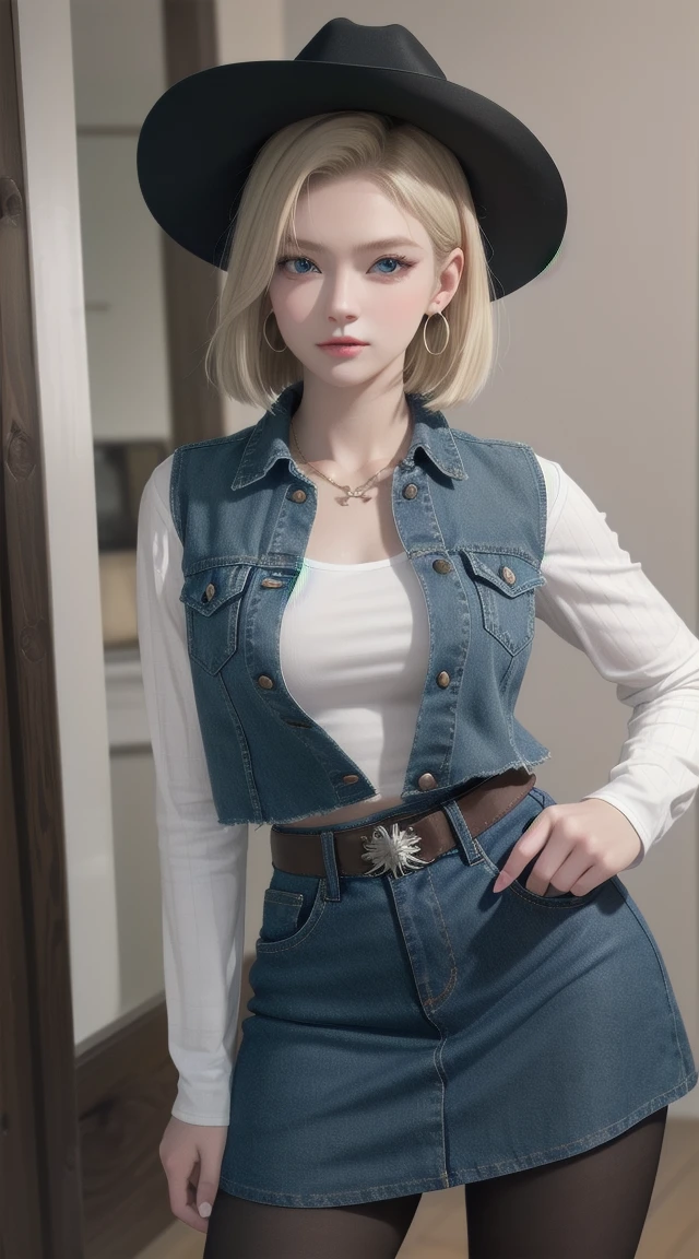 Android 18, Blonde hair, blue eyes, eyelash, Hoop Earrings, short hair, Earring straps, Pantyhose, Collar,shirt,Cowboy hat,胸pocket,Waist-mounted pistol, clavicle, denim, denim skirt, Cowboy shooting,ハイウエストskirt, Jewelry, Long sleeve, pocket, shirt, shirt tucked in, skirt, Striped, Striped sleeves, Vest,The right move,Japanese Attractions Background