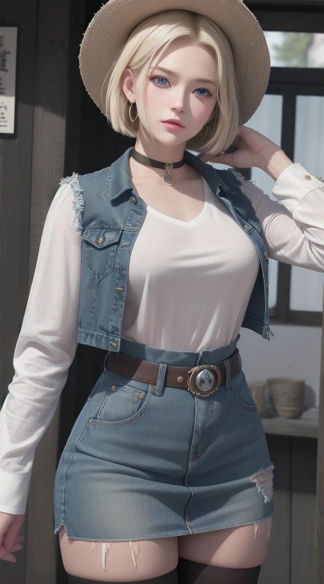 Android 18, Blonde hair, blue eyes, eyelash, Hoop Earrings, short hair, Earring straps, Pantyhose, Collar，shirt,Cowboy hat，胸pocket，Waist-mounted pistol，  clavicle, denim, denim skirt, Cowboy shooting，ハイウエストskirt, Jewelry, Long sleeve, pocket, shirt, shirt tucked in, skirt, Striped, Striped sleeves, Vest,The right move,Japanese Attractions Background
