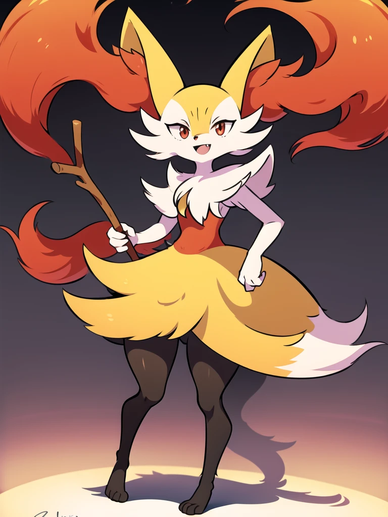 1girl, solo, looking at viewer, smile, open mouth, simple background, red eyes, white background, holding, animal ears, standing, tail, full body, fang, hand up, signature, flat chest, animal ear fluff, fox ears, pokemon (creature), fox tail, happy, fox girl, furry, skin fang, furry female, body fur, white fur, animal nose, snout, stick, yellow fur, black fur, holding stick, digitigrade, multicolored fur , braixen, 8K, masterpiece, beautiful