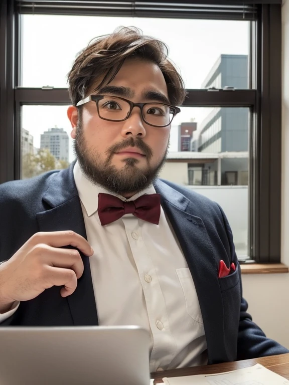 (yossan), Glasses, beard, (Black-rimmed glasses), Brown eyes, fat, 1 boy, (red bowtie), (blue jacket), (white shirt), blue shorts,Fashion Model, Modern Office, All, Sophisticated, Minimalist, Natural light through the window, Stylish desk, computer, Elegant posture, Confident expression