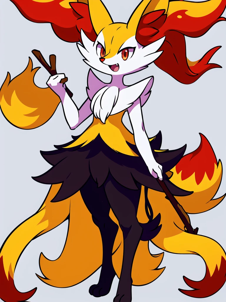 1girl, solo, looking at viewer, smile, open mouth, simple background, red eyes, white background, holding, animal ears, standing, tail, full body, fang, hand up, signature, flat chest, animal ear fluff, fox ears, pokemon (creature), fox tail, happy, fox girl, furry, skin fang, furry female, body fur, white fur, animal nose, snout, stick, yellow fur, black fur, holding stick, digitigrade, multicolored fur , braixen, 8K, masterpiece, beautiful