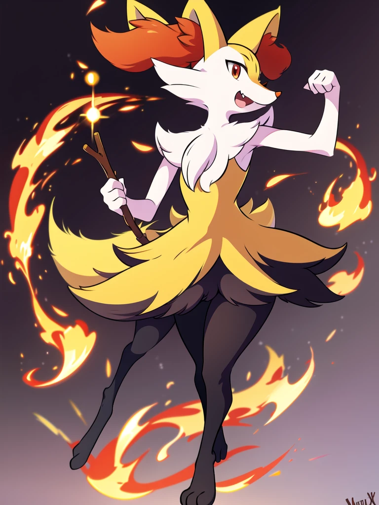 1girl, solo, looking at viewer, smile, open mouth, simple background, red eyes, white background, holding, animal ears, standing, tail, full body, fang, hand up, signature, flat chest, animal ear fluff, fox ears, pokemon (creature), fox tail, happy, fox girl, furry, skin fang, furry female, body fur, white fur, animal nose, snout, stick, yellow fur, black fur, holding stick, digitigrade, multicolored fur , braixen, 8K, masterpiece, beautiful