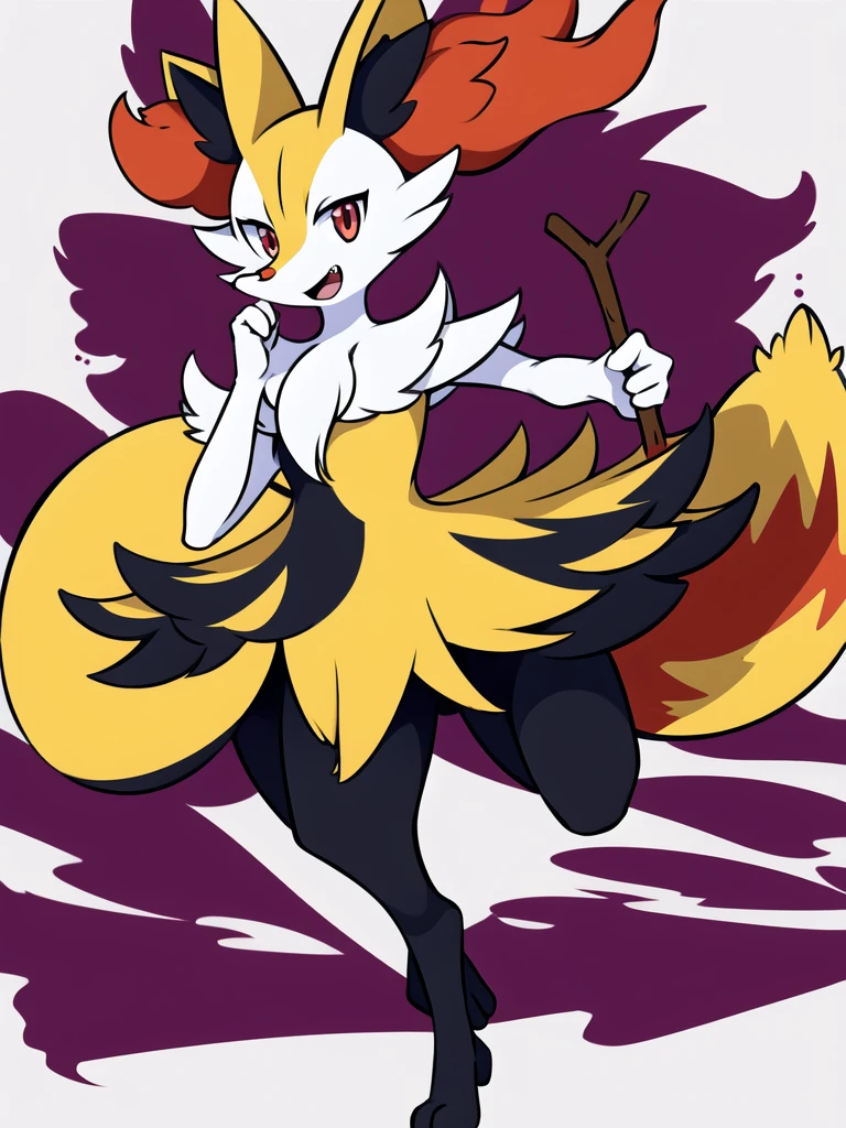 1girl, solo, looking at viewer, smile, open mouth, simple background, red eyes, white background, holding, animal ears, standing, tail, full body, fang, hand up, signature, flat chest, animal ear fluff, fox ears, pokemon (creature), fox tail, happy, fox girl, furry, skin fang, furry female, body fur, white fur, animal nose, snout, stick, yellow fur, black fur, holding stick, digitigrade, multicolored fur , braixen, 8K, masterpiece, beautiful