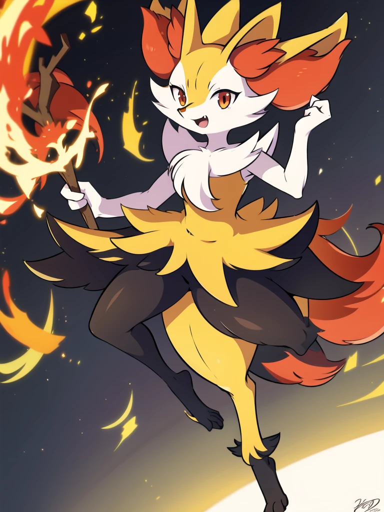 1girl, solo, looking at viewer, smile, open mouth, simple background, red eyes, white background, holding, animal ears, standing, tail, full body, fang, hand up, signature, flat chest, animal ear fluff, fox ears, pokemon (creature), fox tail, happy, fox girl, furry, skin fang, furry female, body fur, white fur, animal nose, snout, stick, yellow fur, black fur, holding stick, digitigrade, multicolored fur , braixen, 8K, masterpiece, beautiful