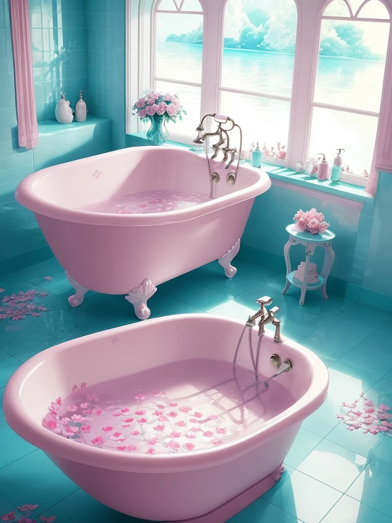 there is a bathtub with pink flowers in a blue tiled bathroom, pink water in a large bath, dreamy aesthetic, fantasy aesthetic!, very magical and dreamy, beautiful and aesthetic, beautiful aesthetic, fantasy aesthetic, aesthetic!!!!, sailor moon aesthetic, fairy aesthetics, aesthetic!!, magic aesthetic, aesthetic!!!!!!!!, magical flowers, aesthetic!!!!!!!!!!, dreamy and romantic, dreamy and detailed