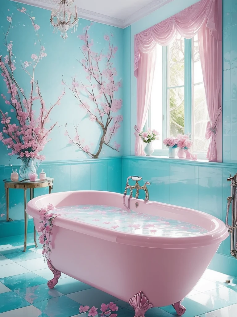 there is a bathtub with pink flowers in a blue tiled bathroom, pink water in a large bath, dreamy aesthetic, fantasy aesthetic!, very magical and dreamy, beautiful and aesthetic, beautiful aesthetic, fantasy aesthetic, aesthetic!!!!, sailor moon aesthetic, fairy aesthetics, aesthetic!!, magic aesthetic, aesthetic!!!!!!!!, magical flowers, aesthetic!!!!!!!!!!, dreamy and romantic, dreamy and detailed