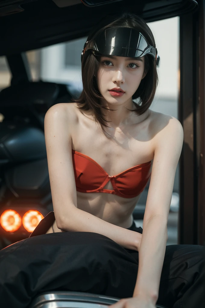 (((best quality))),(((ultra detailed))),(((masterpiece))),illustration,(1 beautiful girl,solo),((slim,thin)),((small breasts,flat chest)),(safety helmet:1.3),shoulder length straight bob hair,cyberpunk, urban street,high school student, JK outfit,(riding on a motorcycle:1.3), sleek, (strapless red bra:1.3), confidence, determination, dark streets,neon lights, skyscrapers, urban noises, traffic, sirens, city sounds, futuristic, dystopian society, technology, fashion, explosive cocktail, style, , modernity, attitude, spirit, anything is possible,((from front,close-up of face))