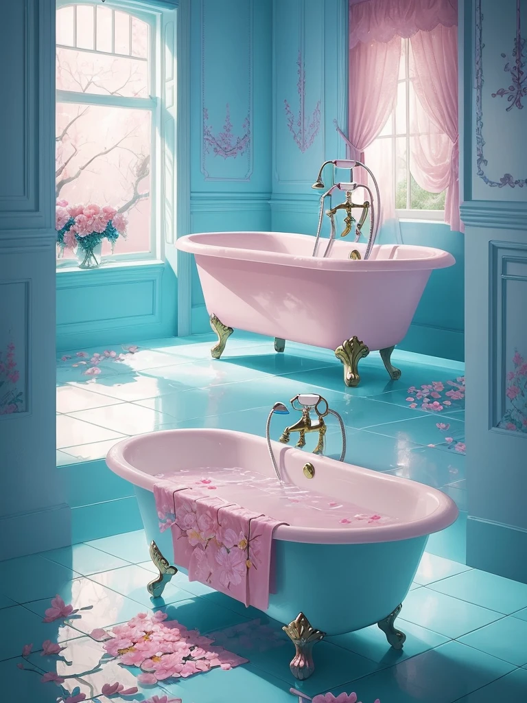 there is a bathtub with pink flowers in a blue tiled bathroom, a photorealistic painting by Anna Haifisch, tumblr, romanticism, pink water in a large bath, dreamy aesthetic, fantasy aesthetic!, very magical and dreamy, beautiful and aesthetic, beautiful aesthetic, fantasy aesthetic, aesthetic!!!!, sailor moon aesthetic, fairy aesthetics, aesthetic!!, magic aesthetic