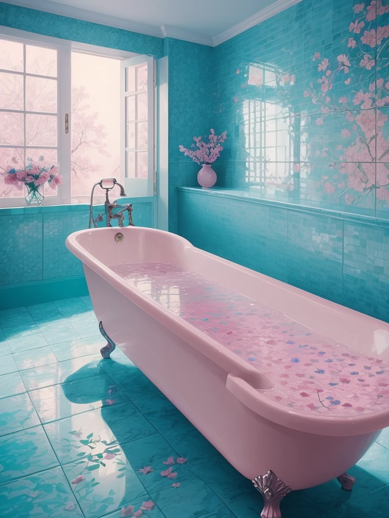 there is a bathtub with pink flowers in a blue tiled bathroom, a photorealistic painting by Anna Haifisch, tumblr, romanticism, pink water in a large bath, dreamy aesthetic, fantasy aesthetic!, very magical and dreamy, beautiful and aesthetic, beautiful aesthetic, fantasy aesthetic, aesthetic!!!!, sailor moon aesthetic, fairy aesthetics, aesthetic!!, magic aesthetic
