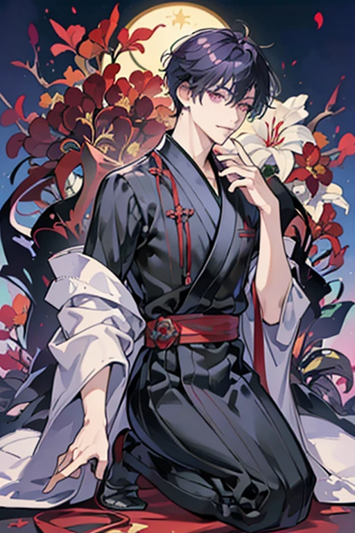 **full body, 1 boy, summer sky ,short hair,highest quality, Superlative, detailed Nadityr, male, male, fair skin, neckline, dark purple color hair, black,yukata with cluster amaryllis in black letters,sagging eyebrows, violet color eyes,  mullet hairstyle, scarlet colored inner hair, straight hair, smile face