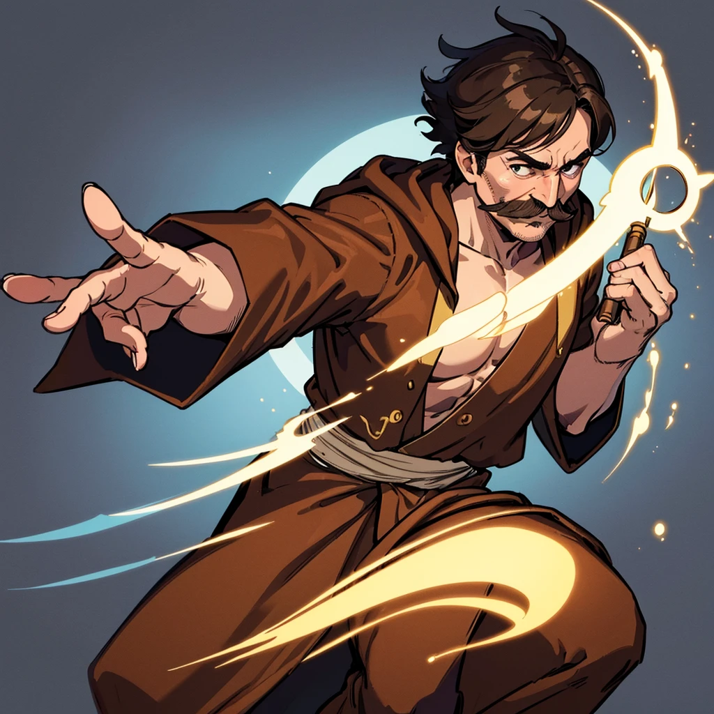 ((((Solo))))、Highest quality, Best Quality,Best illustrationiddle ages、(((Simple brown robe)))、(40-year-old uncle、mature、Kaiser moustache)、(LOL)、Poke your wand、Low waist