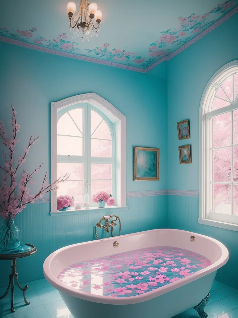 there is a bathtub with pink flowers in a blue tiled bathroom, pink water in a large bath, dreamy aesthetic, fantasy aesthetic!, very magical and dreamy, beautiful and aesthetic, beautiful aesthetic, fantasy aesthetic, aesthetic!!!!, sailor moon aesthetic, fairy aesthetics, aesthetic!!, magic aesthetic, aesthetic!!!!!!!!, magical flowers, aesthetic!!!!!!!!!!, dreamy and romantic, dreamy and detailed