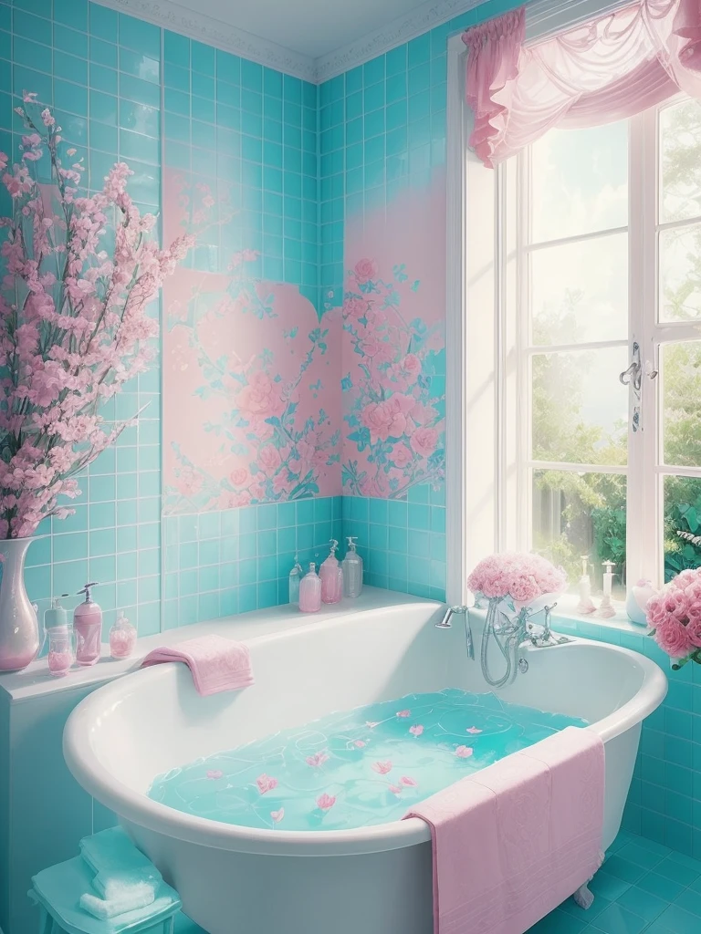 there is a bathtub with pink flowers in a blue tiled bathroom, pink water in a large bath, dreamy aesthetic, fantasy aesthetic!, very magical and dreamy, beautiful and aesthetic, beautiful aesthetic, fantasy aesthetic, aesthetic!!!!, sailor moon aesthetic, fairy aesthetics, aesthetic!!, magic aesthetic, aesthetic!!!!!!!!, magical flowers, aesthetic!!!!!!!!!!, dreamy and romantic, dreamy and detailed