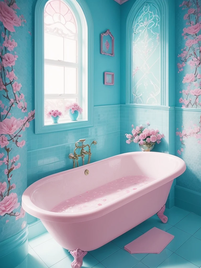 there is a bathtub with pink flowers in a blue tiled bathroom, pink water in a large bath, dreamy aesthetic, fantasy aesthetic!, very magical and dreamy, beautiful and aesthetic, beautiful aesthetic, fantasy aesthetic, aesthetic!!!!, sailor moon aesthetic, fairy aesthetics, aesthetic!!, magic aesthetic, aesthetic!!!!!!!!, magical flowers, aesthetic!!!!!!!!!!, dreamy and romantic, dreamy and detailed