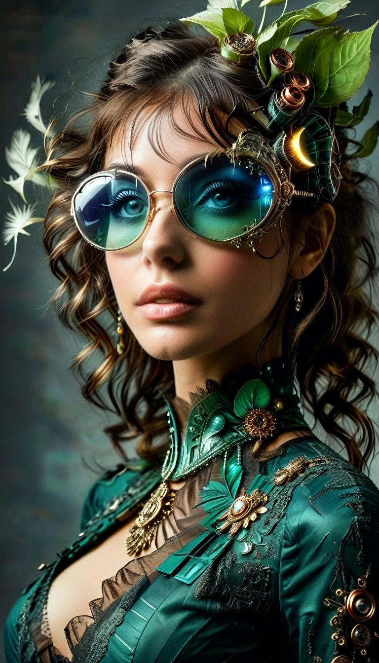 Un portrait hyperréaliste d’une sublime femme heureuse aux longs cheveux vert sombre foncé, portant une robe en dentelle blanche avec des accessoires steampunk, (elle porte des lunettes formées d'éléments circuitrytech : 1.8, ((lunettes de forme fractales avec un système complexe formé de loups et d’accessoires circuitrytech)),système très détaillé), cheveux_très_longs, situé dans une pièce de style victorien avec des éléments mécaniques, poitrine décolletée effet push-up , regard intense et sensuel 