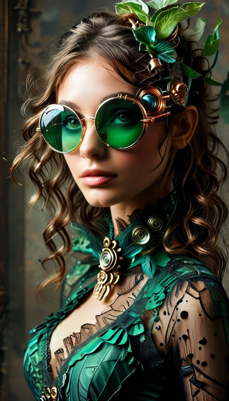 Un portrait hyperréaliste d’une sublime femme heureuse aux longs cheveux vert sombre foncé, portant une robe en dentelle blanche avec des accessoires steampunk, (elle porte des lunettes formées d'éléments circuitrytech : 1.8, ((lunettes de forme fractales avec un système complexe formé de loups et d’accessoires circuitrytech)),système très détaillé), cheveux_très_longs, situé dans une pièce de style victorien avec des éléments mécaniques, poitrine décolletée effet push-up , regard intense et sensuel 