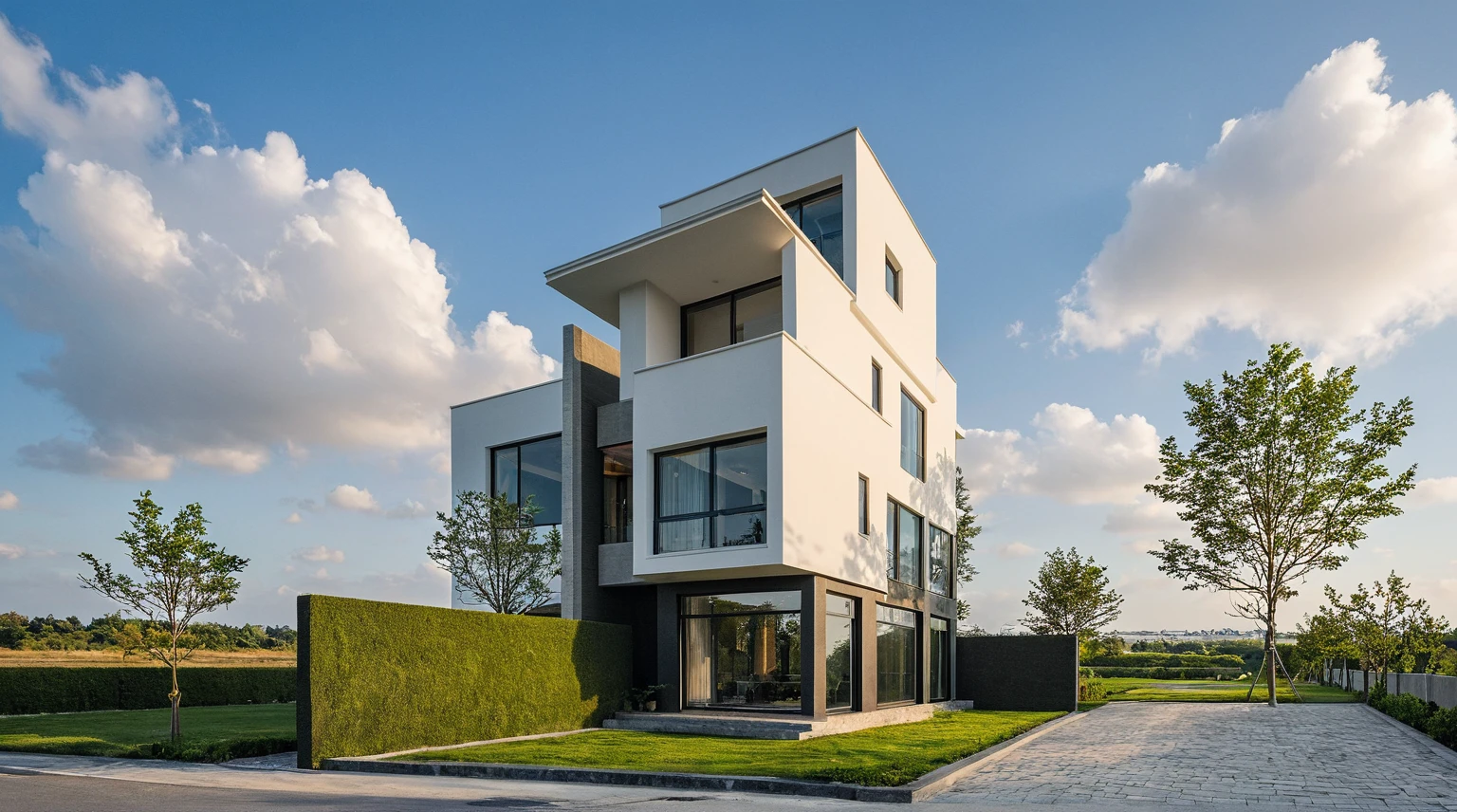 Masterpiece, high quality, best quality, authentic, super detail, outdoors, onestoreyvillaXL, aiaigroup, house style modern on the street ,stairs, white wall ,road,pavement, grass, trees, sky, cloud, (daylight:1.1)