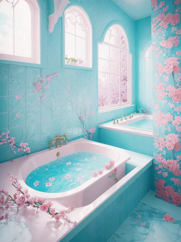 there is a bathtub with pink flowers in a blue tiled bathroom, pink water in a large bath, dreamy aesthetic, fantasy aesthetic!, very magical and dreamy, beautiful and aesthetic, beautiful aesthetic, fantasy aesthetic, aesthetic!!!!, sailor moon aesthetic, fairy aesthetics, aesthetic!!, magic aesthetic, aesthetic!!!!!!!!, magical flowers, aesthetic!!!!!!!!!!, dreamy and romantic, dreamy and detailed