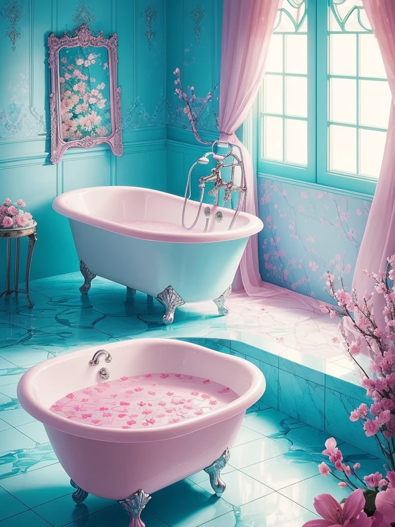 there is a bathtub with pink flowers in a blue tiled bathroom, pink water in a large bath, dreamy aesthetic, fantasy aesthetic!, very magical and dreamy, beautiful and aesthetic, beautiful aesthetic, fantasy aesthetic, aesthetic!!!!, sailor moon aesthetic, fairy aesthetics, aesthetic!!, magic aesthetic, aesthetic!!!!!!!!, magical flowers, aesthetic!!!!!!!!!!, dreamy and romantic, dreamy and detailed