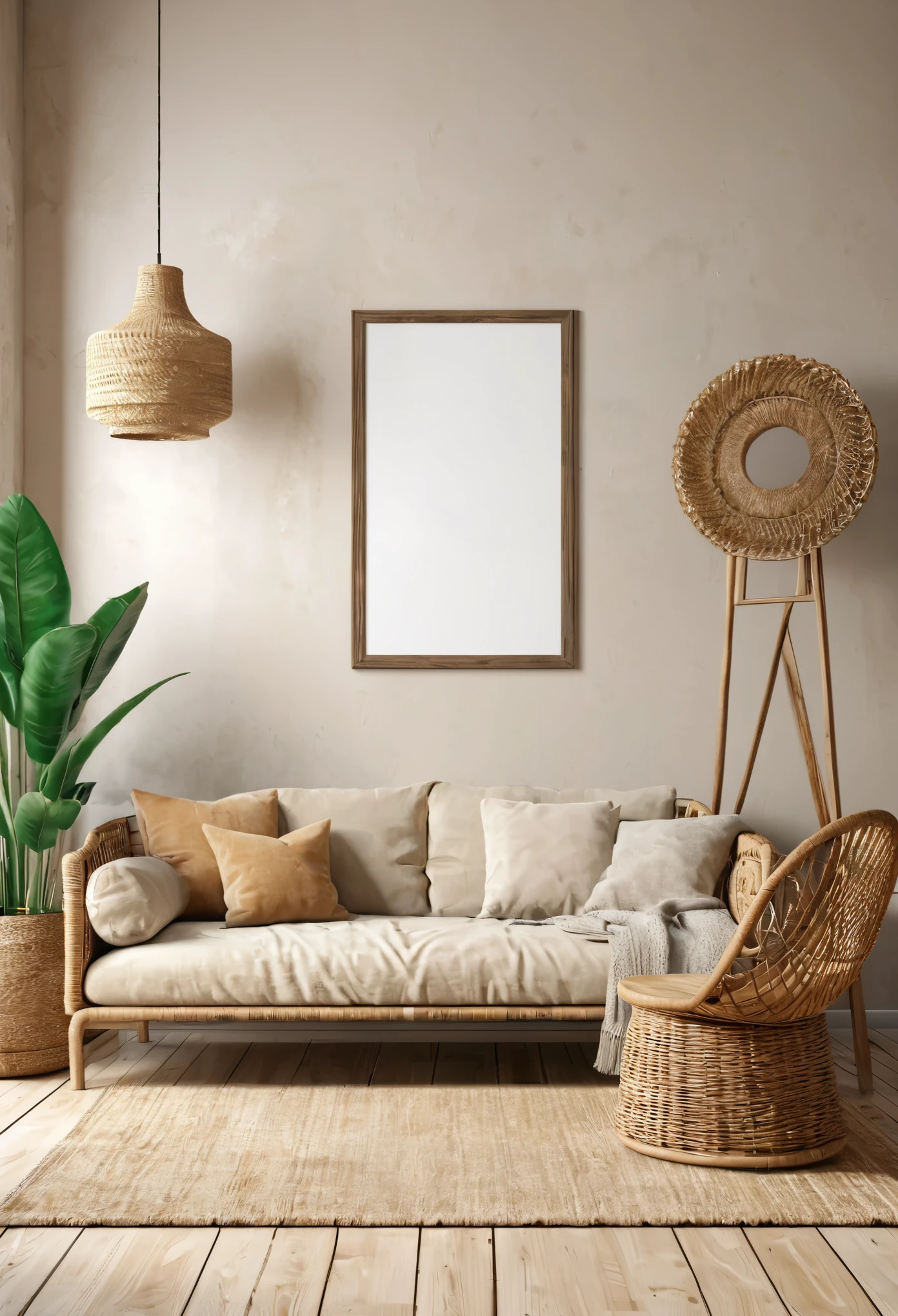 Mock up frame in unisex ren room interior background, 3D render,interior, home, furniture, living, luxury, room, decoration, wall, sofa, decor, wooden, indoor, frame, retro, old, style, african, beige, canvas, ethnic, grunge, living room, mid, poster, trend, bouquet, neutral, rustic, art, blank, bohemian, century, concrete, empty, mock, modern, template, dry, lifestyle, nomadic, wicker, background, pampas, chair, light, house, table, 3d render, floor, lamp