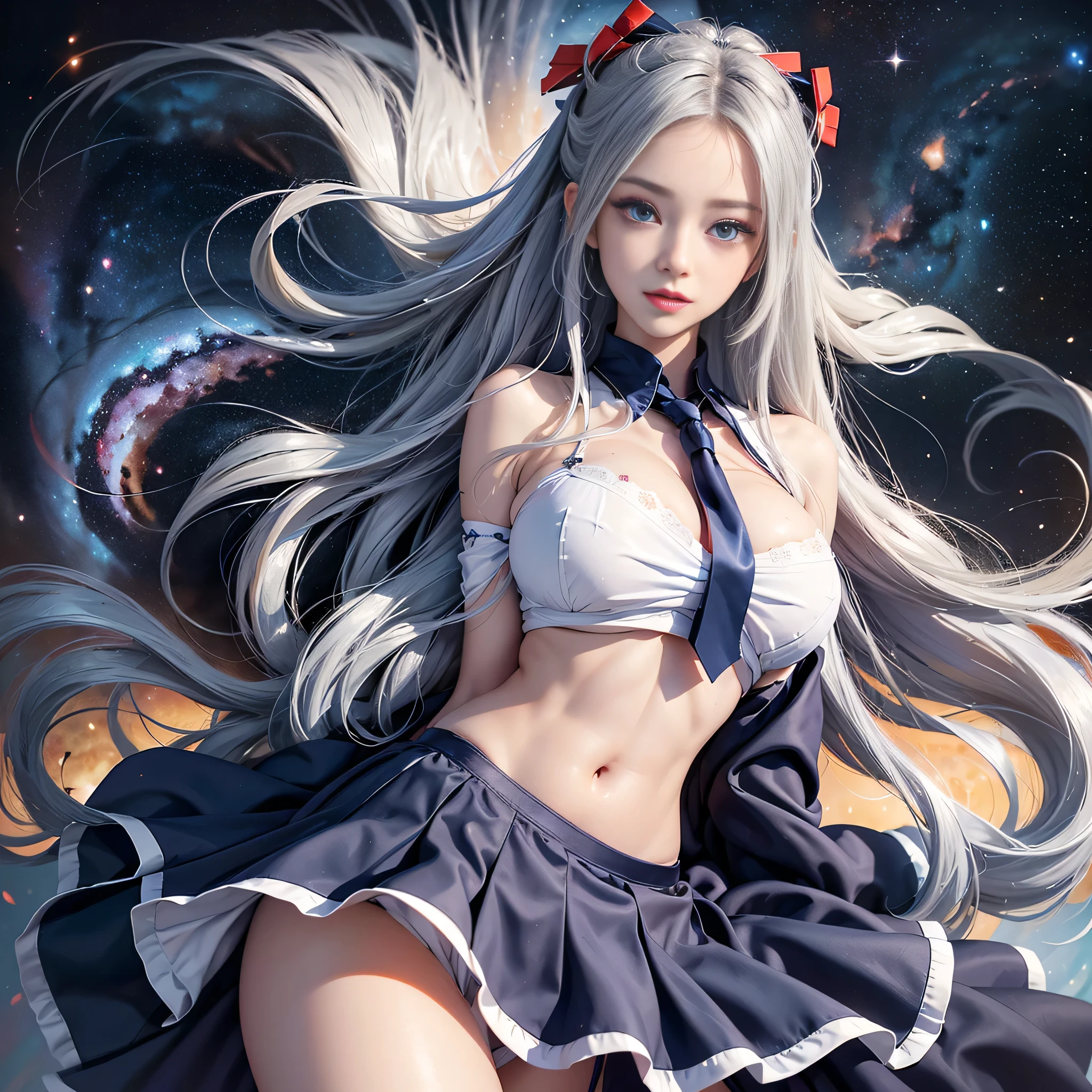 Blonde gray hair, Straight hair, Spread hair, Long hair, PUPILS SPARKLING, long eyelashes, blue eyes, makeup, Smile, Color Field Painting, Contemporary art,double whirlwind pattern design garment，Iris heterochromatic pupil，((girl with silver ponytail))((off shouldersの白いセーラー服))，((red necktie))、((Navy blue detailed flared miniskirt))((black stocking rack high heels))、free hight resolution,off shoulders、((The erection))、(Puffy eyes:1.２)、 (slim legs),(Light shines on the face and chest)、(((((underboob)))))、Lower breast、Oily skin、skinny、 (the underside of the chest is slightly visible),(visible lower breast、I can see your belly button and ribs)、Hip bones and lower abdomen are visible、Dark blue flared skirt、(lift up skirt）,((White T-back panties visible)),((Milky Way galaxy in the background))、 Northern Renaissance, Blurred, blending, From under the chest, Breasts from chest to side, the panorama, ultra wide-angle, Wide Angle, F/1.8, 135 mm, canon, nffsw, retinas, masutepiece, Elaborate, Anatomically correct, Skin Texture, Super Detail, high detailing, High quality, hight resolution, 1080P, Hard disk, 4K, 8K, top-qualityの,  Sexy Pose , ((cheer girl)), serafuku, Japanese school sailor uniform, darkblue pleated skirt:1.27), (From under the chest, White thong, 1.24),(top-quality)、 (​masterpiece)、(Professional lighting with fewer shadows)、 (A hyper-realistic)、 (perfect anatomia)、 (In front of the camera、There are two women、Bangs and forehead、White skin with no moles on the breasts, Unevenness under the eyes.:1.5), (Beautiful blue eyes with long eyelashes and red tear bags:1.5), (In front of the cameraで誇らしげに胸を突き出す2人.:1.2), (Another person on the other side、Turned back with arched hips)、