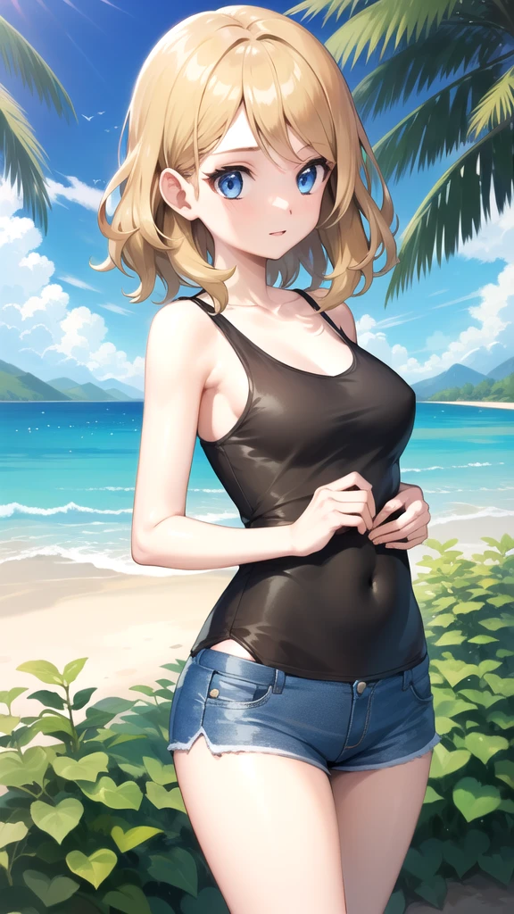 gonzarez, masterpiece, Serenaj, 1girl,l solo,
blue eyes, blonde hair, medium hair, open eyes, resort background , blue shorts, pink camisole, mid riff