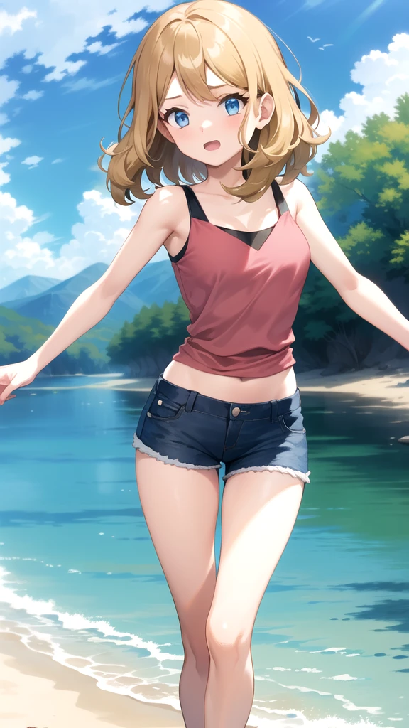 gonzarez, masterpiece, Serenaj, 1girl,l solo,
blue eyes, blonde hair, medium hair, open eyes, resort background , blue shorts, pink camisole, mid riff