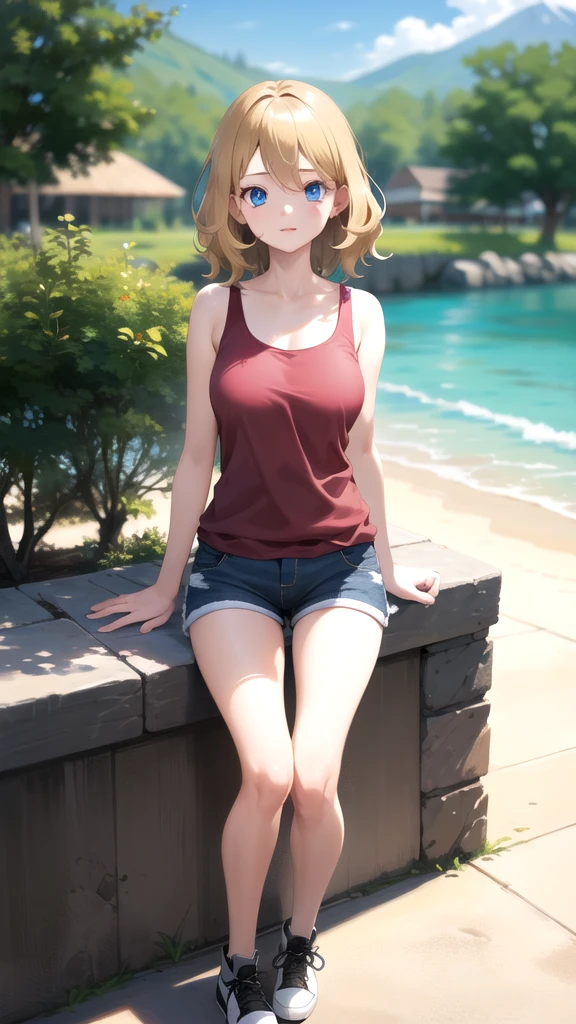 gonzarez, masterpiece, Serenaj, 1girl,l solo,
blue eyes, blonde hair, medium hair, open eyes, resort background , blue shorts, pink camisole, mid riff