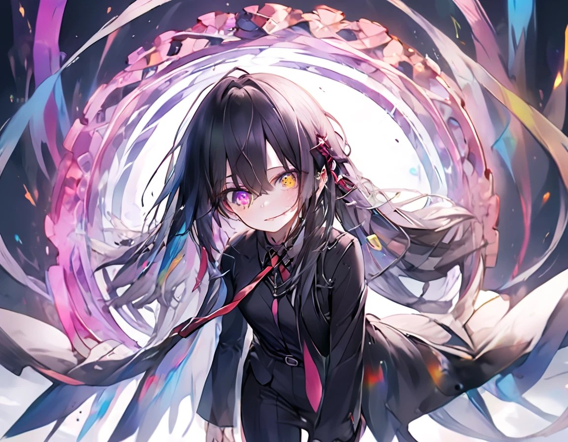 Wearing Darkness、1 personの***、White long hair、Purple left eye、Blue right eye、Odd Eye、wields the sword of darkness、闇のaura、Black Light、Rainbow light、Black long coat、White shirt、Black tie、Long trousers、suit、、1 person、Fantasy、aura、whole body、(high resolution)、(High resolution)、(Detailed)、8K、Many shining swords are stuck in it、cool、Girl、Magic Sword、Magic circle in the background、Scary face、Expressionless、Light comes out of the eyes、Standing in the wilderness with the sword piercing、Cool face、Left hand in pocket