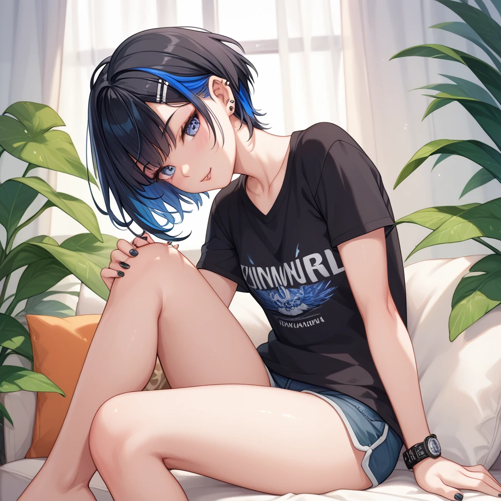 high quality,Black Hair、、short hair、Blue inner hair color mesh、Piercings in both ears、Neutral Facial Features、Wear a black T-shirt、Sit on one knee