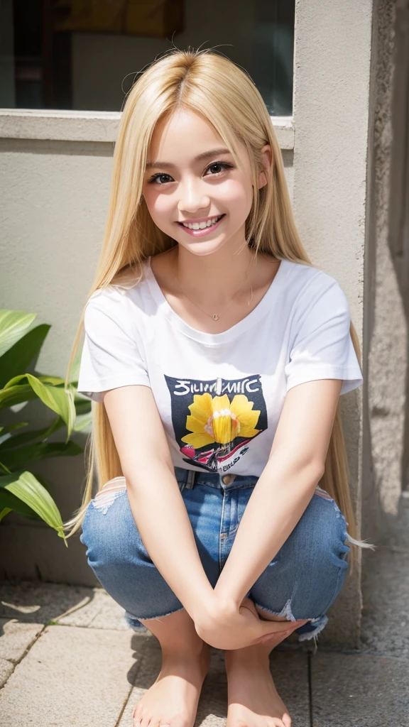 Best Pixels、Highest quality、Highest quality、masterpiece、blonde、Long Hair、summer、date、Denim shorts、sexy、sexy、teeth、T-Shirts、smile、Beautiful feet、Big eyes、Panty shot、Genuine、Crouching posture