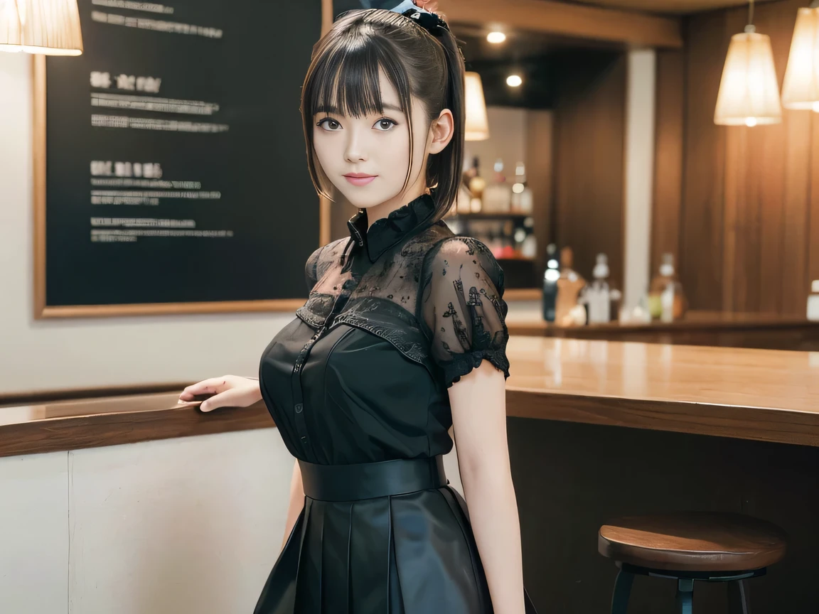 (Highest quality, masterpiece, Ultra-high resolution, 8K, RAW Photos, Realistic, Anatomically correct:1.5), 20-year-old girl:1.2, Embarrassing, avert your eyes, blush:1.0, View Viewer, ((Bar Lounge)) 、Night view、 Light:1.2, Bokeh, Cinema Lighting:1.0, Depth of written boundary, sharp、 Cute face、Idol、Black short sleeve lace top、Black pleated skirt、Black clothing、”dwarf”、(Floral clothes)、(Full Body Shot)、Side angle、Cowboy Shot、 smile、(Ultra short hair、Short ponytail)、(Straight bangs)、((See-through))、(( One Girl))、Large Breasts、