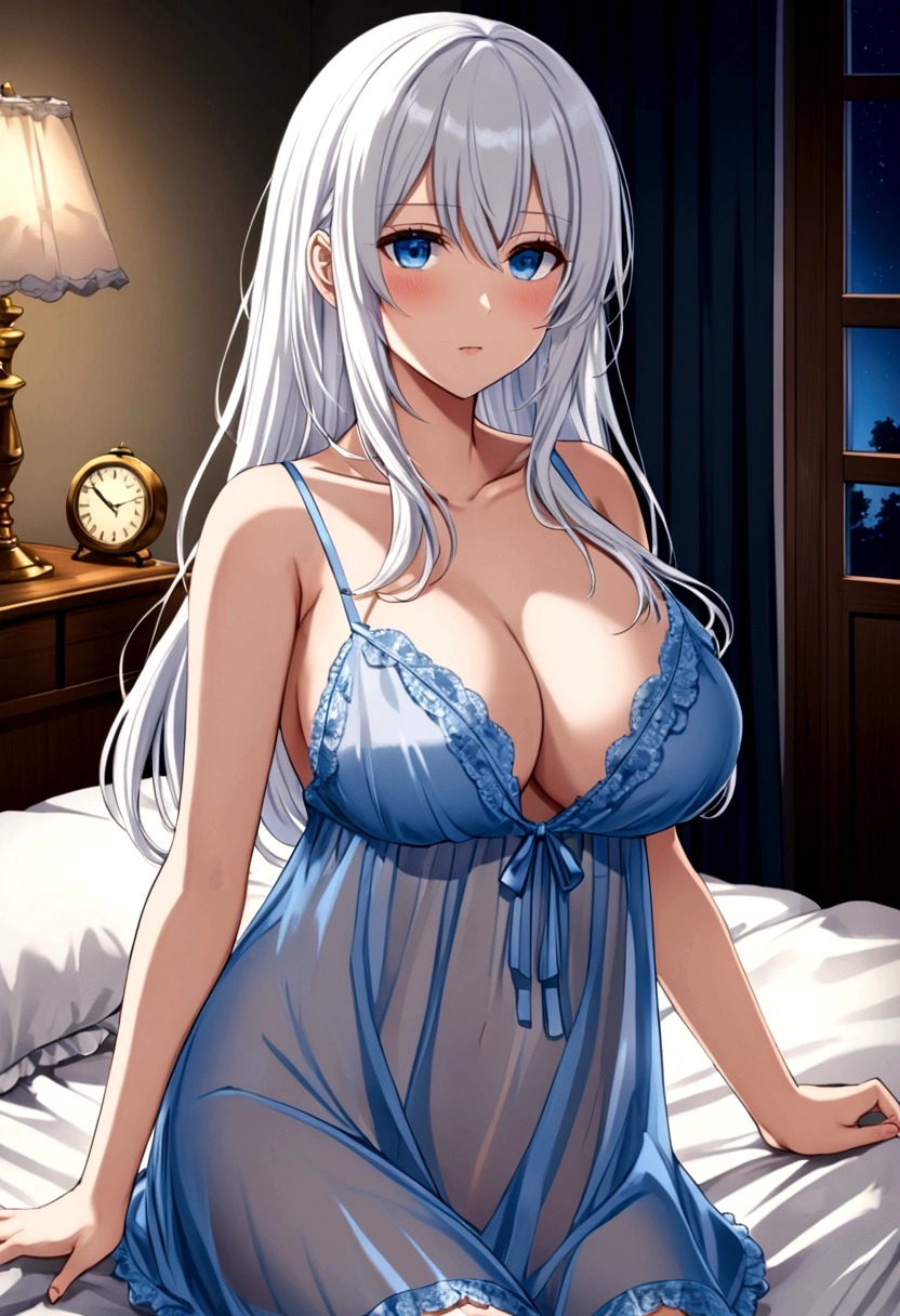 Anime girl ,White hair ,Blue eyes ,Nightgown Transparent ,Big breasts,Stay in the bedroom ,It's dark 