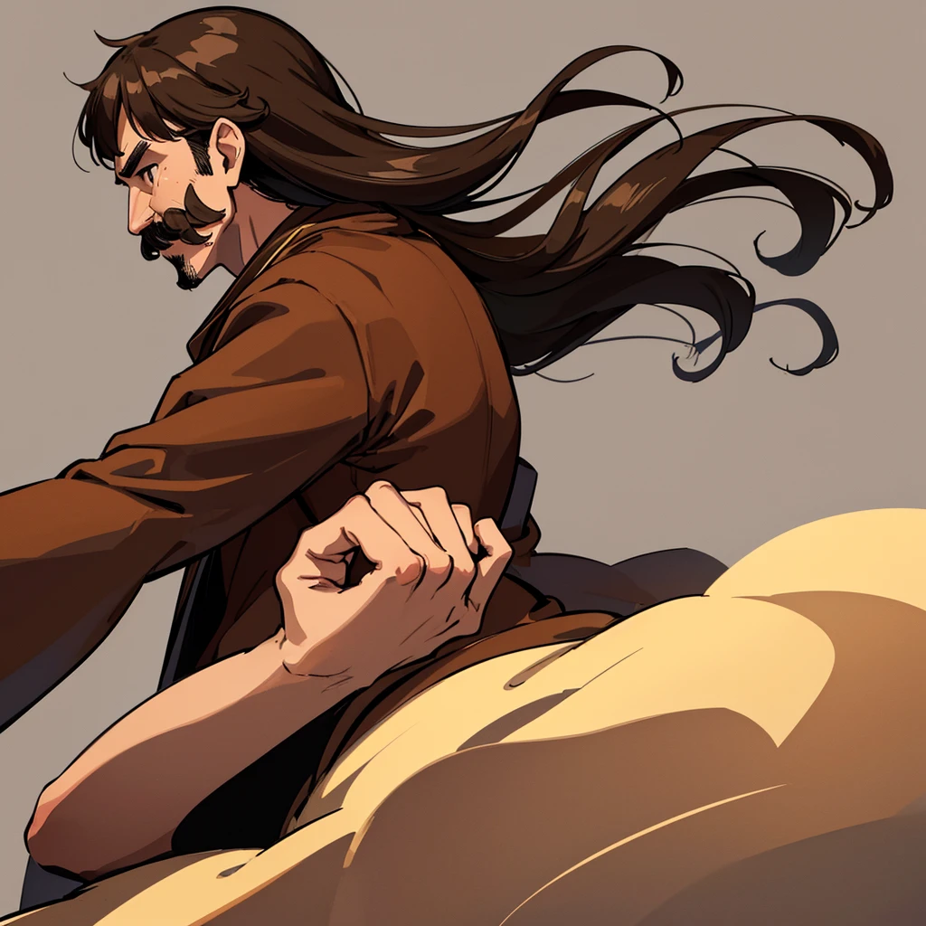 ((((Solo))))、Highest quality, Best Quality,Best illustrationiddle ages、(((Simple brown robe)))、(40-year-old uncle、mature、Kaiser moustache)、(LOL)、fight、From the side、profile、Run