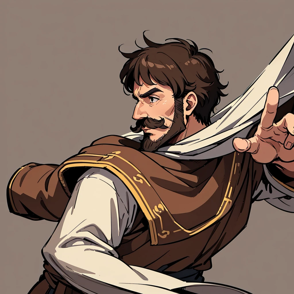 ((((Solo))))、Highest quality, Best Quality,Best illustrationiddle ages、(((Simple brown robe)))、(40-year-old uncle、mature、Kaiser moustache)、(LOL)、fight、From the side、profile、Run