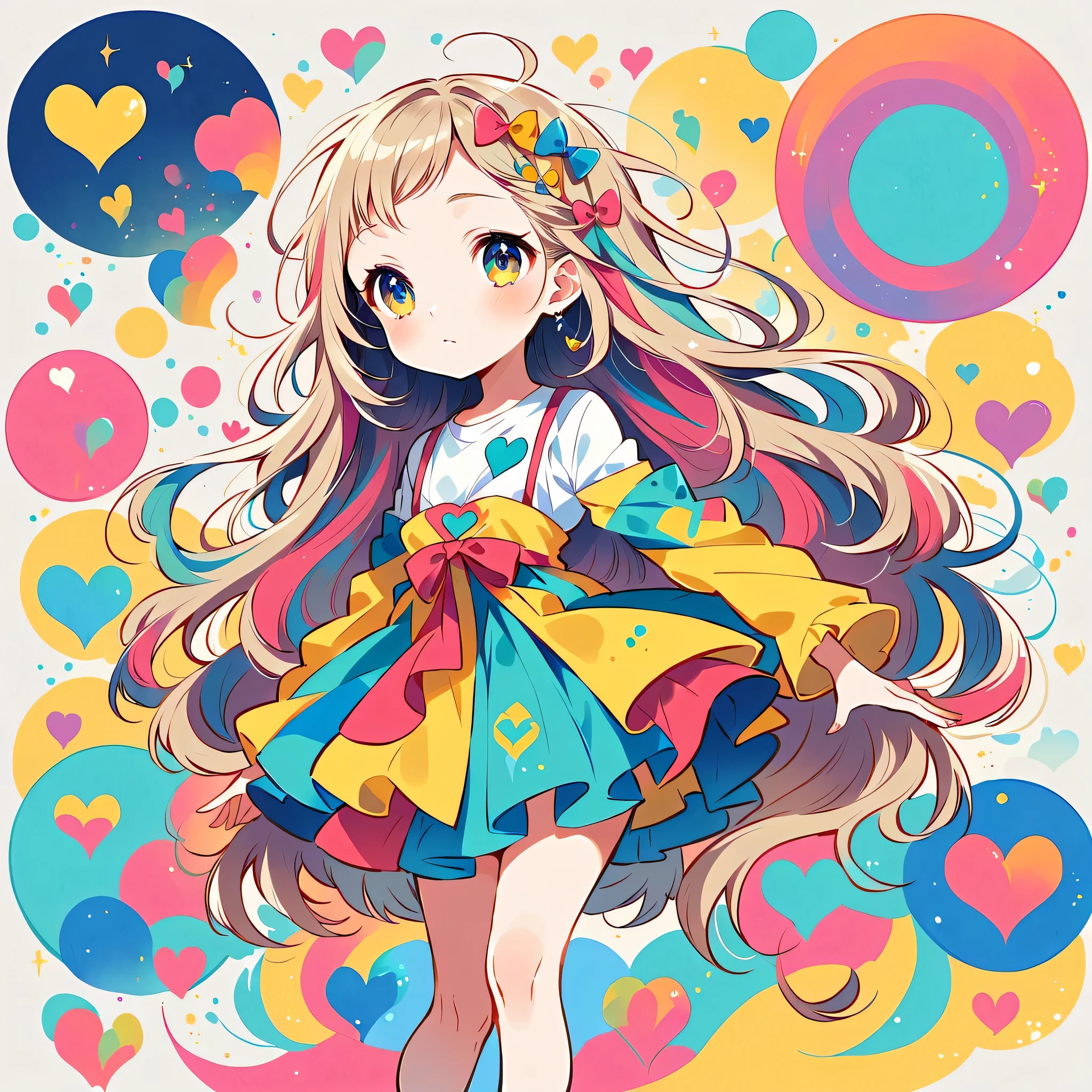 Mika Pikazo style, Simple Line Initialism，Abstract art，Urban Background, colorful hearts ,colorful hearts, (((The most beautiful girl of all time))), walking, Cute and colorful amoeba