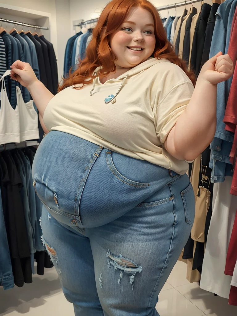 A happy photo of a young cute redhead bbw with long wavy ginger hair, huge soft fat belly, wide fat obese hips, thick fat legs and fat arms, cute pretty face, small breasts, blue eyes, freckles, in a cute simple tight blue hoodie with, and long ripped jeans trousers, shopping new hoodies in a clothes shop