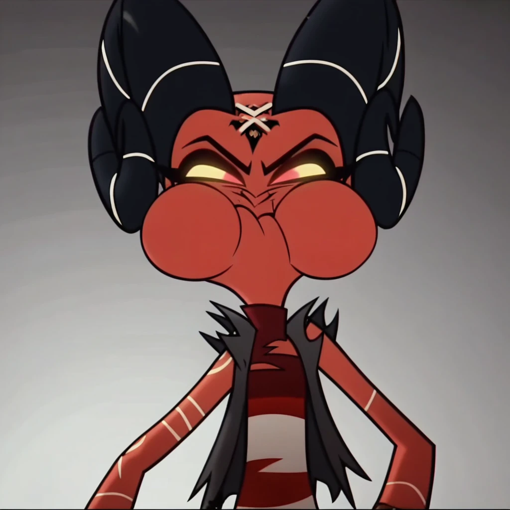 barbie wire, 1girl, demon girl, red skin, forehead tattoo, arm tattoos, horns, striped dress, leather jacket, screencap, front facing view, (fat cheeks:1.5), closed mouth,