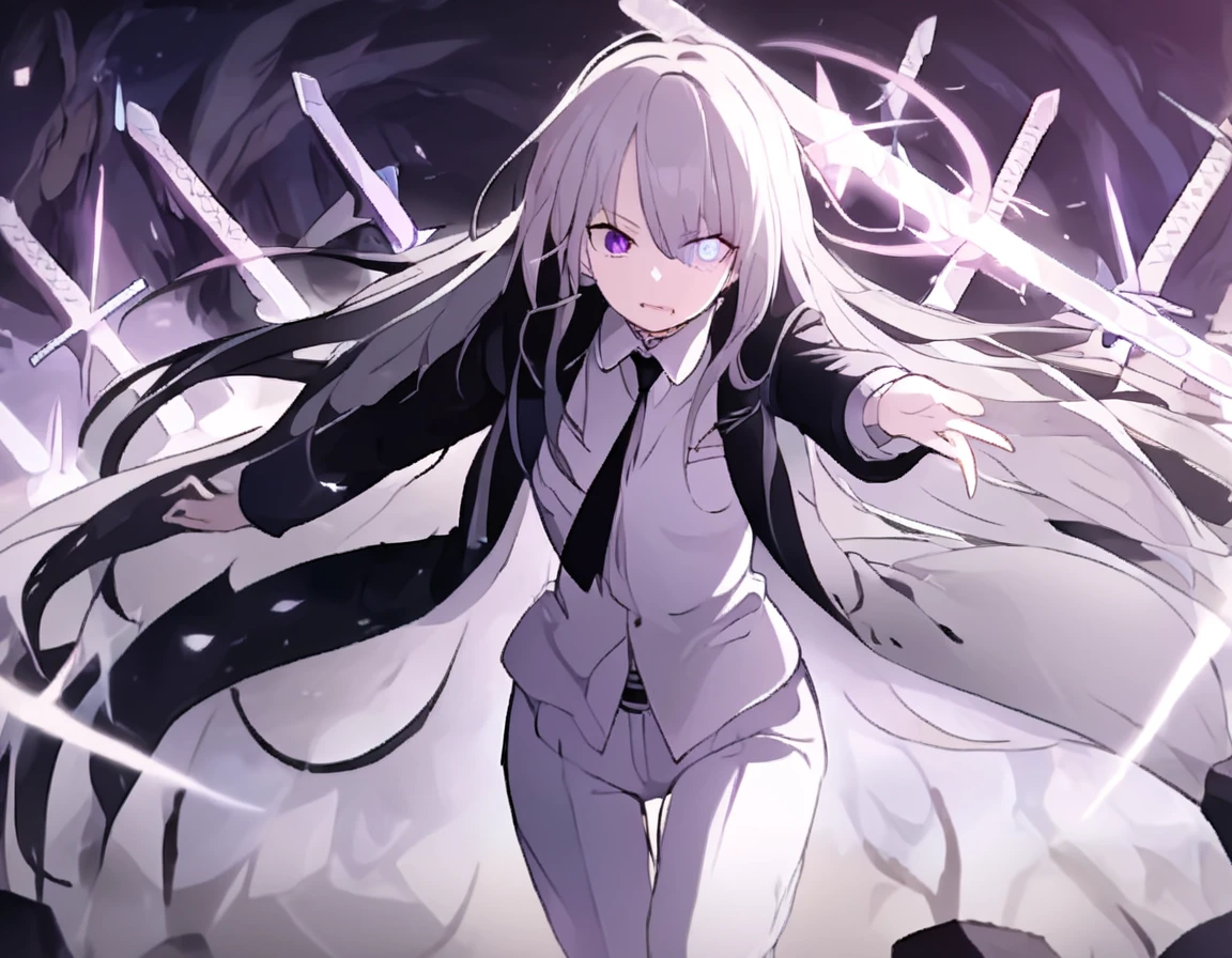 Wearing Darkness、1 personの女の子、White long hair、Purple left eye、Blue right eye、Odd Eye、wields the sword of darkness、闇のaura、Black Light、Rainbow light、Black long coat、White shirt、Black tie、Long trousers、suit、、1 person、Fantasy、aura、whole body、(high resolution)、(High resolution)、(Detailed)、8K、Many shining swords are stuck in it、cool、Girl、Magic Sword、Magic circle in the background、Scary face、Expressionless、Light comes out of the eyes、Standing in the wilderness with the sword piercing、Cool face、Left hand in pocket