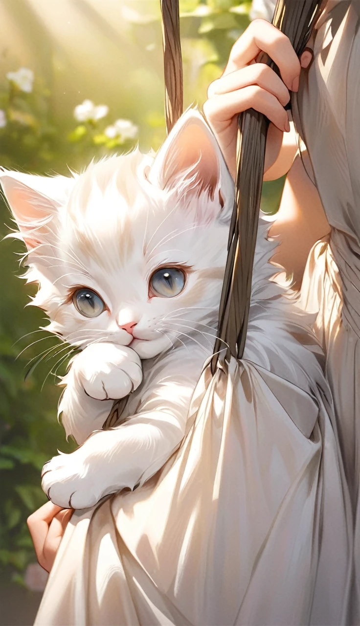 Please draw the illustration in the following description in the style of a photograph.
This photograph shows a small kitten being held by the back of the neck and hung up. The kitten is softly curled up all over and its eyes are closed or half open. The background is simple, with no particular elements that stand out, and the kitten is the focal point of the photo. The kitten's fur is light brown and white, giving it a very lovely appearance.