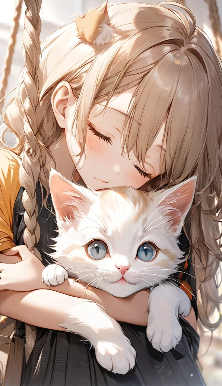 Please draw the illustration in the following description in the style of a photograph.
This photograph shows a small kitten being held by the back of the neck and hung up. The kitten is softly curled up all over and its eyes are closed or half open. The background is simple, with no particular elements that stand out, and the kitten is the focal point of the photo. The kitten's fur is light brown and white, giving it a very lovely appearance.