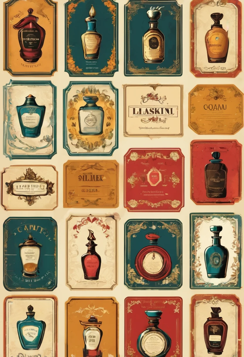 Multiple aligned vintage labels,cute,Perfume bottle,Stylish