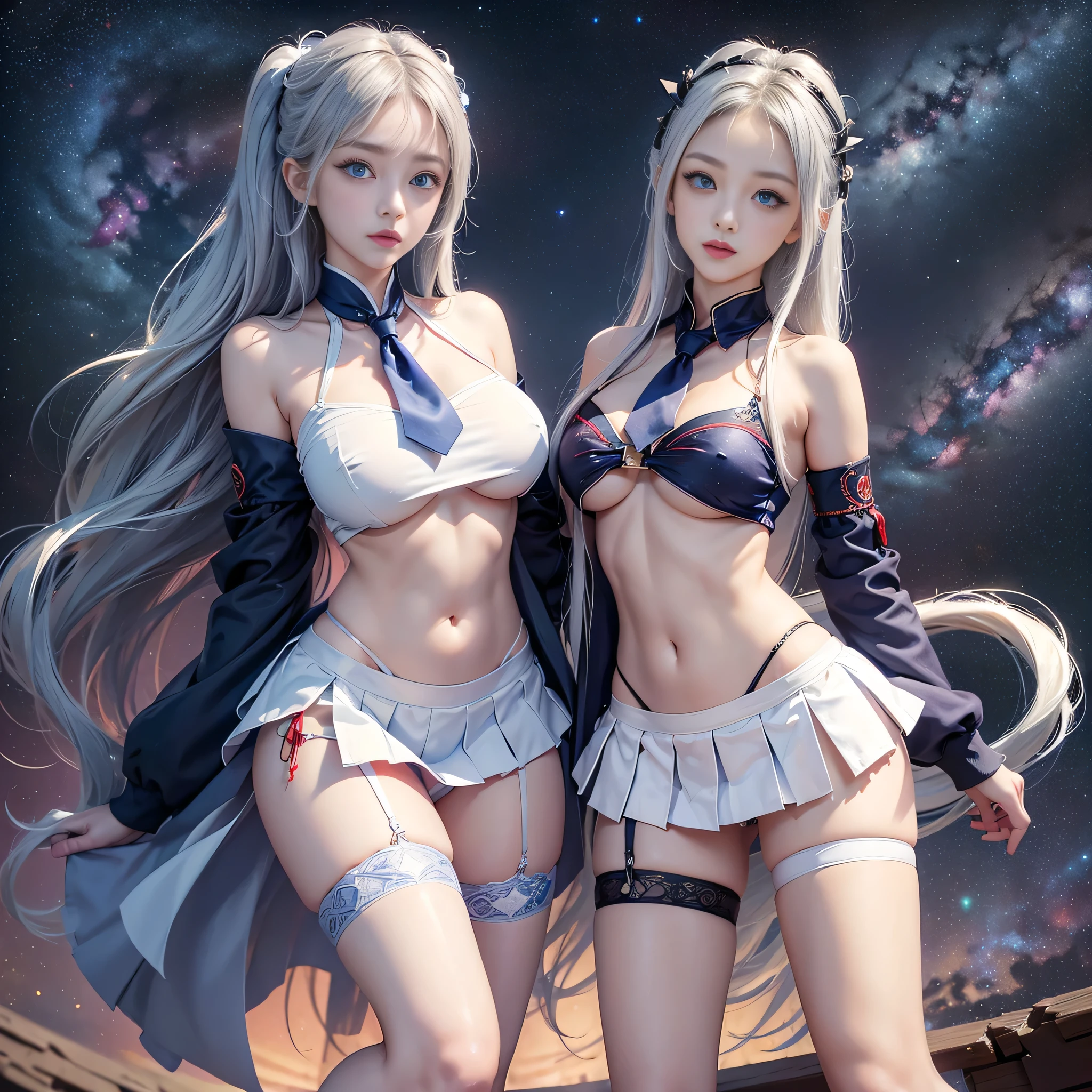 Blonde gray hair, Straight hair, Spread hair, Long hair, PUPILS SPARKLING, long eyelashes, blue eyes, makeup, Smile, Color Field Painting, Contemporary art,double whirlwind pattern design garment,Iris heterochromatic pupil,((girl with silver ponytail))((off shouldersの白いセーラー服)),((red necktie))、((Navy blue detailed flared miniskirt))((black stocking rack high heels))、free hight resolution,off shoulders、((The erection))、(Puffy eyes:1.2)、 (slim legs),(Light shines on the face and chest)、(((((underboob)))))、Lower breast、Oily skin、skinny、 (the underside of the chest is slightly visible),(visible lower breast、I can see your belly button and ribs)、Hip bones and lower abdomen are visible、Dark blue flared skirt、(lift up skirt),((White T-back panties visible)),((Milky Way galaxy in the background))、 Northern Renaissance, Blurred, blending, From under the chest, Breasts from chest to side, the panorama, ultra wide-angle, Wide Angle, F/1.8, 135 mm, canon, nffsw, retinas, masutepiece, Elaborate, Anatomically correct, Skin Texture, Super Detail, high detailing, High quality, hight resolution, 1080P, Hard disk, 4K, 8K, top-qualityの, Sexy Pose , ((cheer girl)), serafuku, Japanese school sailor uniform, darkblue pleated skirt:1.27), (From under the chest, White thong, 1.24),(top-quality)、 (masterpiece)、(Professional lighting with fewer shadows)、 (A hyper-realistic)、 (perfect anatomia)、 (In front of the camera、There are two women、Bangs and forehead、White skin with no moles on the breasts, Unevenness under the eyes.:1.5), (Beautiful blue eyes with long eyelashes and red tear bags:1.5), (In front of the cameraで誇らしげに胸を突き出す2人.:1.2), (Another person on the other side、Turned back with arched hips)、