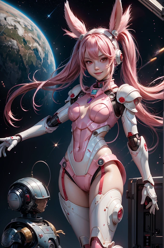 Perfect human body modeling, 1girl, small breasts, beautiful girl, cute girl and idol face, young face, smile, Beautiful long pink hair, twintails, Beautiful shining red eyes, white skin, Short body, Rabbit ears in robot style, powered armor, full armor, powered leg, metroid armor, Space suits, planetary exploration