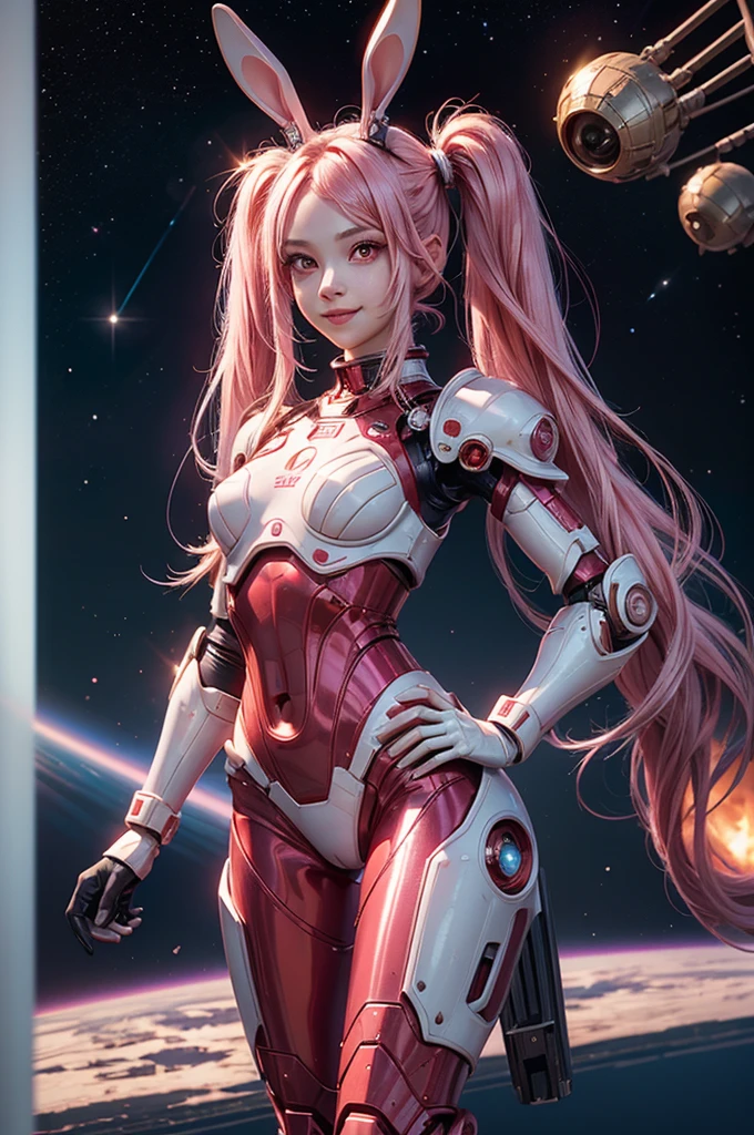 Perfect human body modeling, 1girl, small breasts, beautiful girl, cute girl and idol face, young face, smile, Beautiful long pink hair, twintails, Beautiful shining red eyes, white skin, Short body, Rabbit ears in robot style, powered armor, full armor, powered leg, metroid armor, Space suits, planetary exploration
