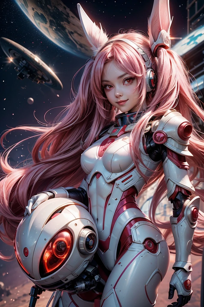 Perfect human body modeling, 1girl, small breasts, beautiful girl, cute girl and idol face, young face, smile, Beautiful long pink hair, twintails, Beautiful shining red eyes, white skin, Short body, Rabbit ears in robot style, powered armor, full armor, powered leg, metroid armor, Space suits, planetary exploration